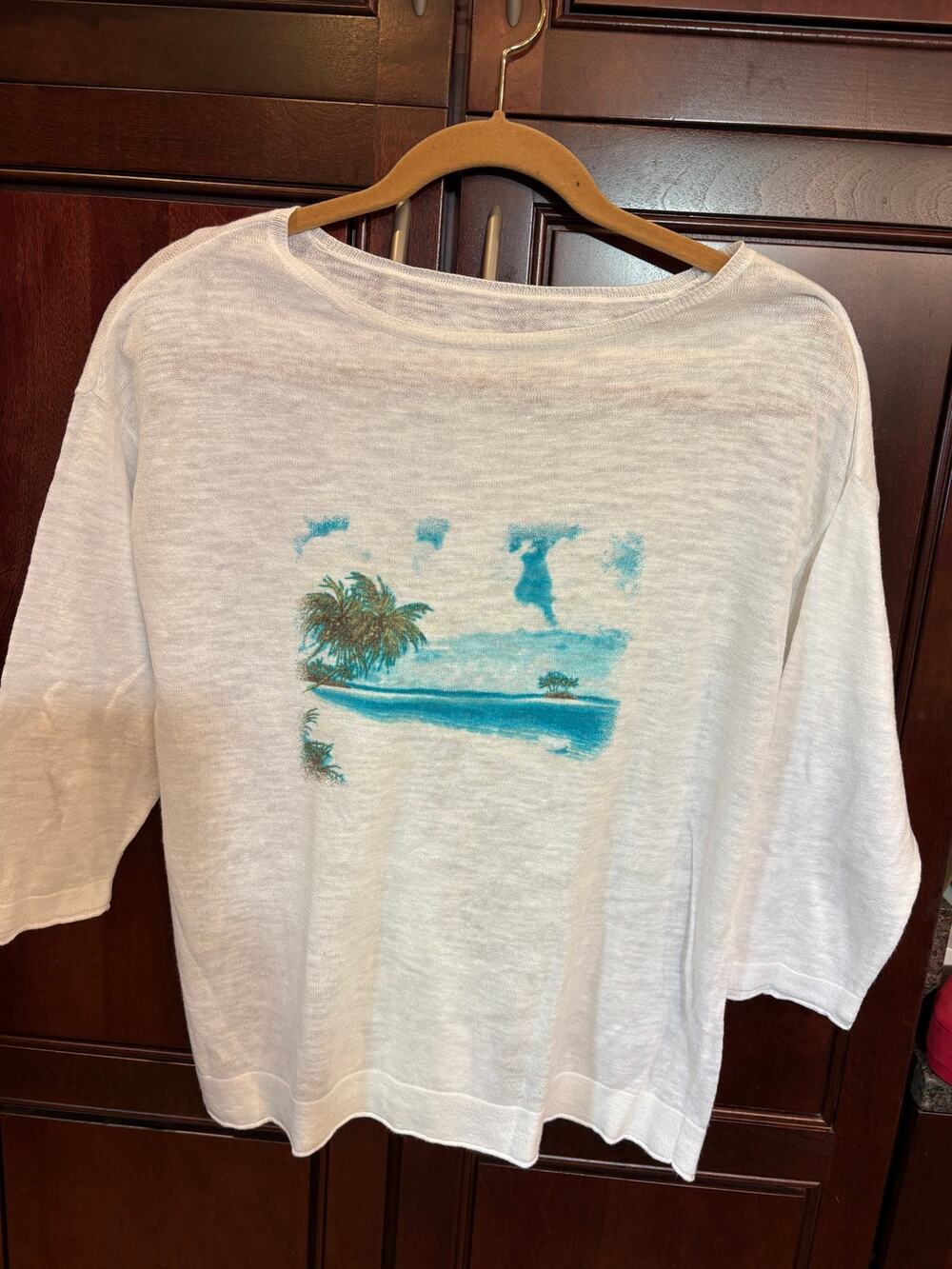 Linen Blend Costal Scene Lightweight 3/4 Length Sleeve Top Size S/M